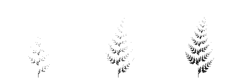 4 つの写像を同じ確率にして描いたシダ。左から 1,000 点・1 万点・10 万点
